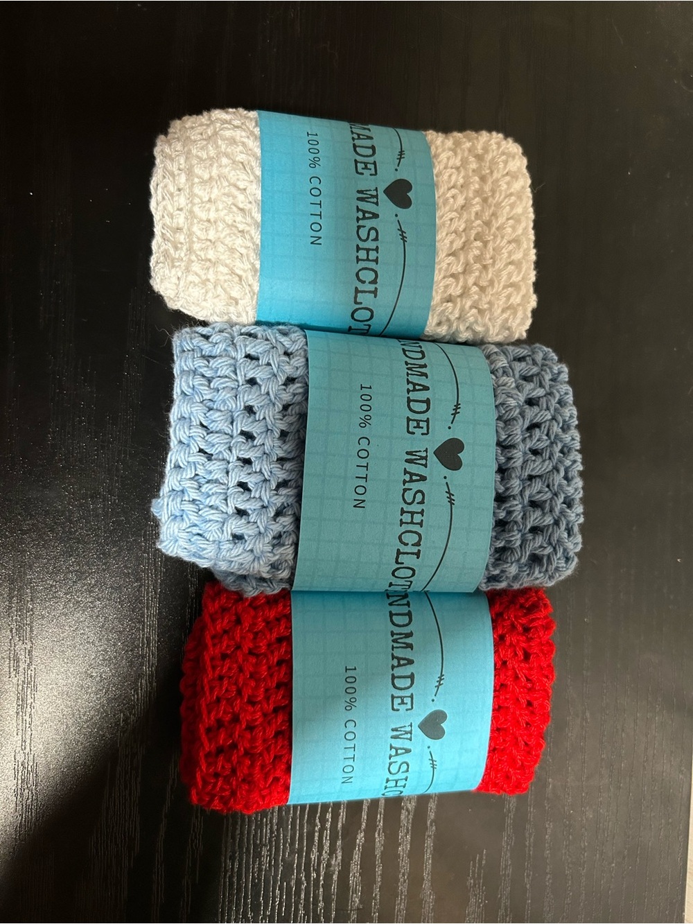 Handmade Cotton Washcloth Set - Red, Light Blue, Cream